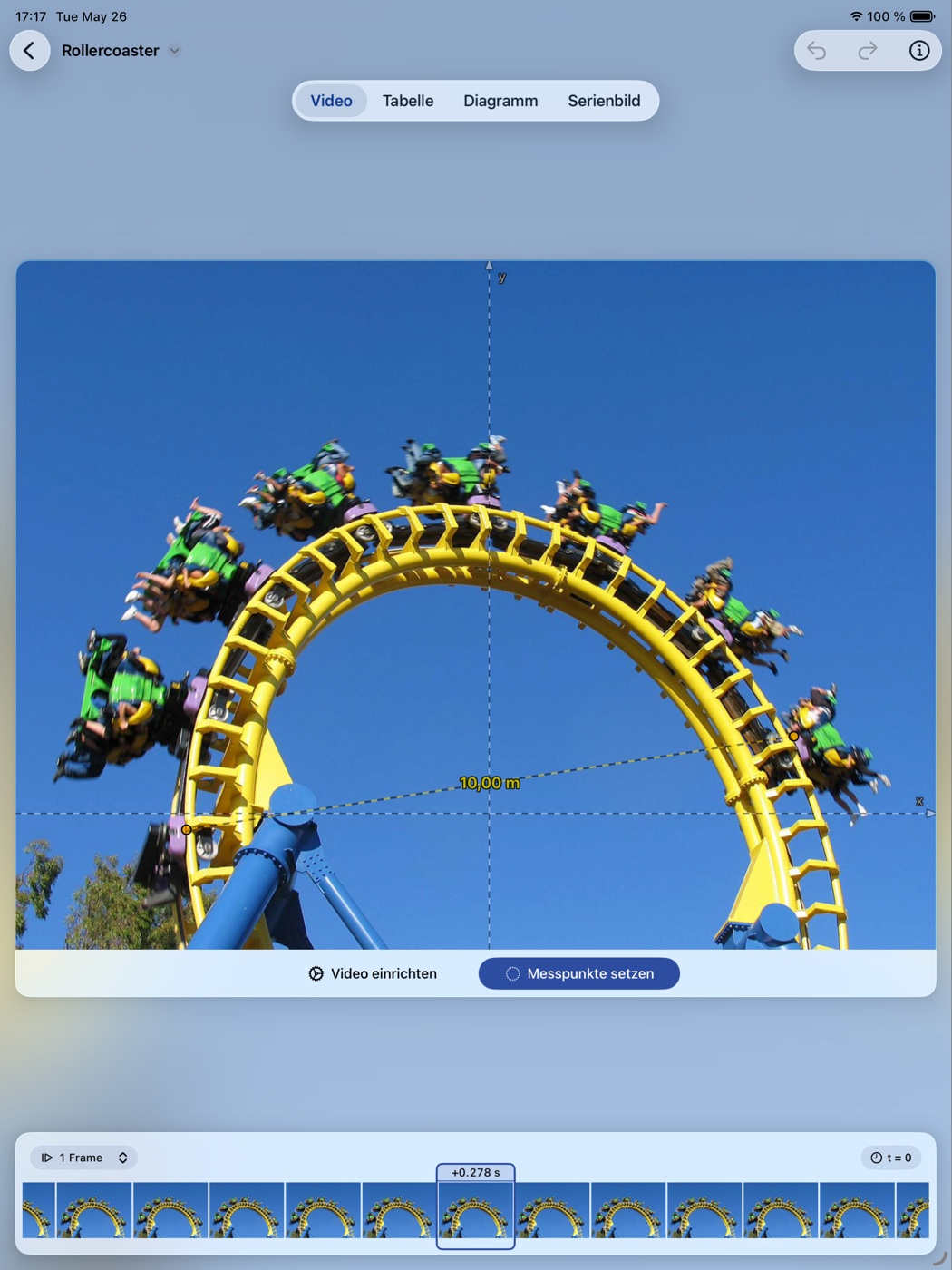 NewtonDV – Videoanalyse einer Achterbahn mit gesetzten Messpunkten im Looping