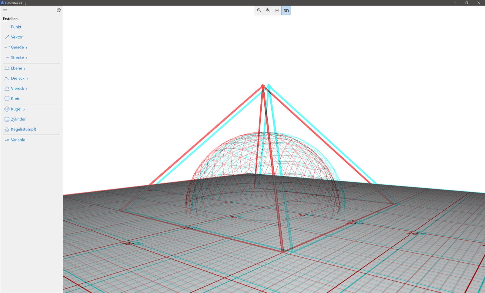 Descartes3D – Anaglyph-3D-Ansicht in Rot-Cyan einer Pyramide mit Kuppel für die Betrachtung mit 3D-Brille