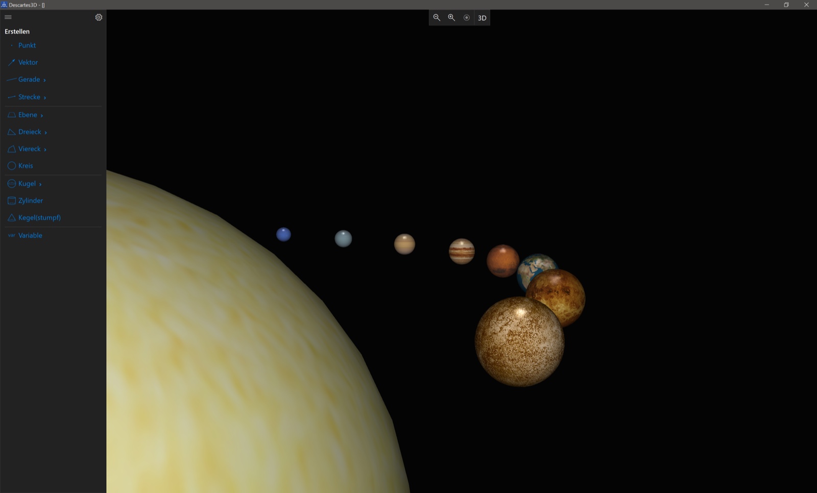 Descartes3D – Planeten des Sonnensystems als texturierte Kugeln vor schwarzem Hintergrund