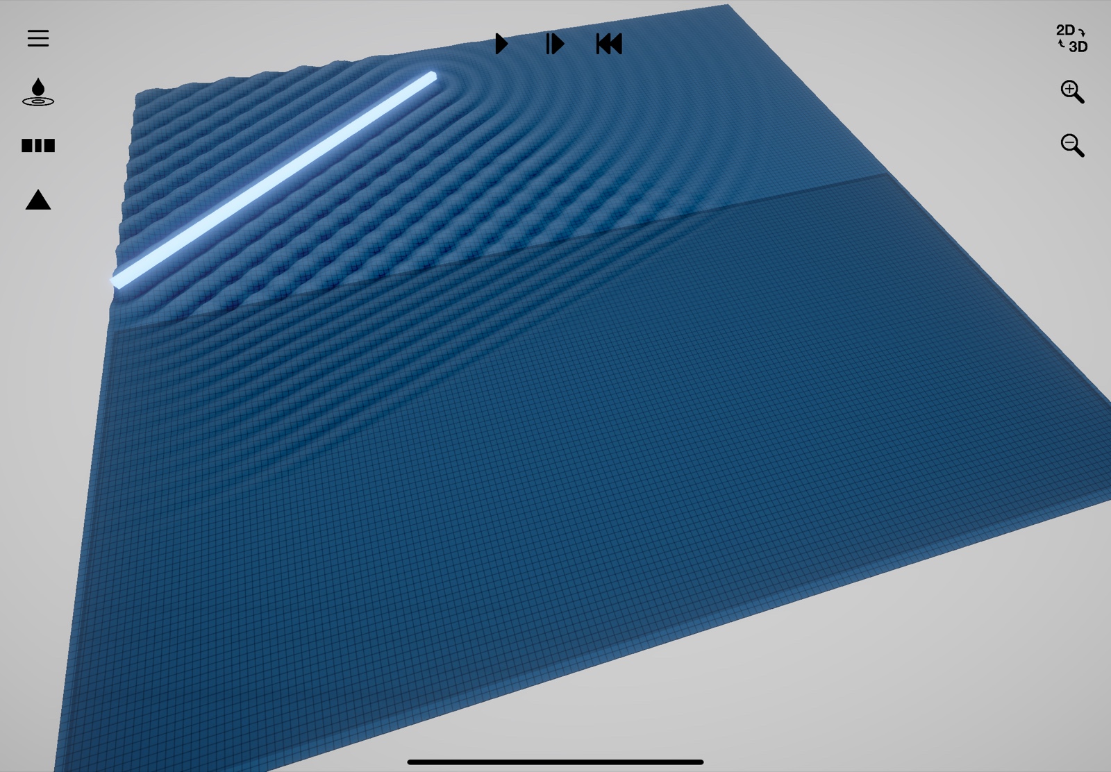 Huygens3D – ebene Wellen eines linienförmigen Erregers in der 3D-Wellenwanne