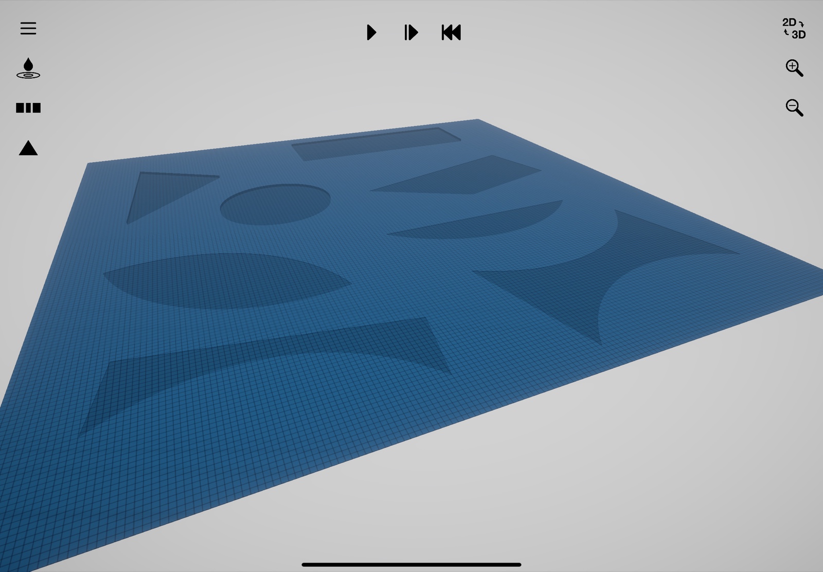 Huygens3D – Wellenwanne mit verschiedenen Materialbereichen unterschiedlicher Tiefe (3D-Ansicht)