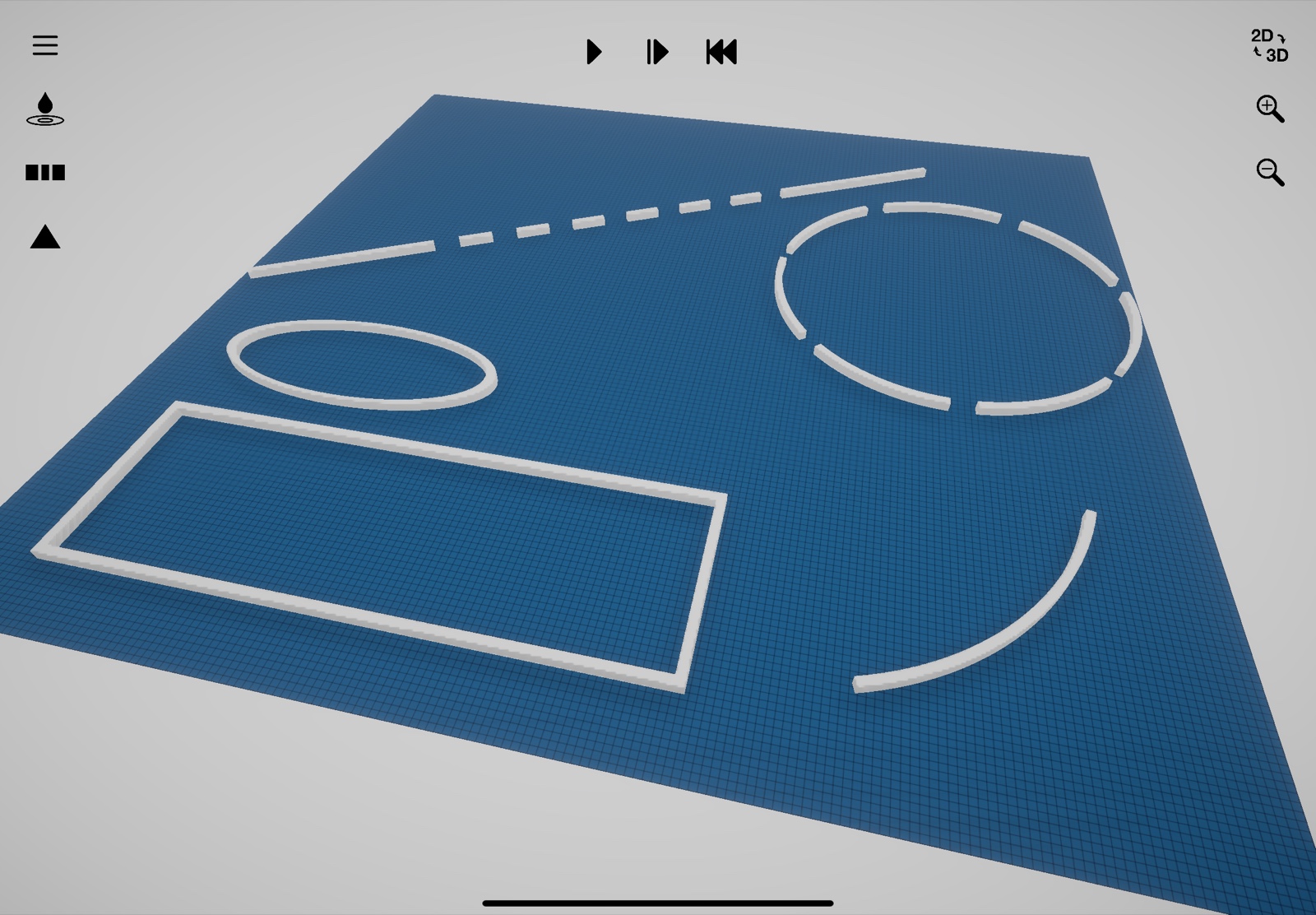Huygens3D – Aufbau mit Wänden, Spalt, Kreis und Bogen als Hindernisse (3D-Ansicht)
