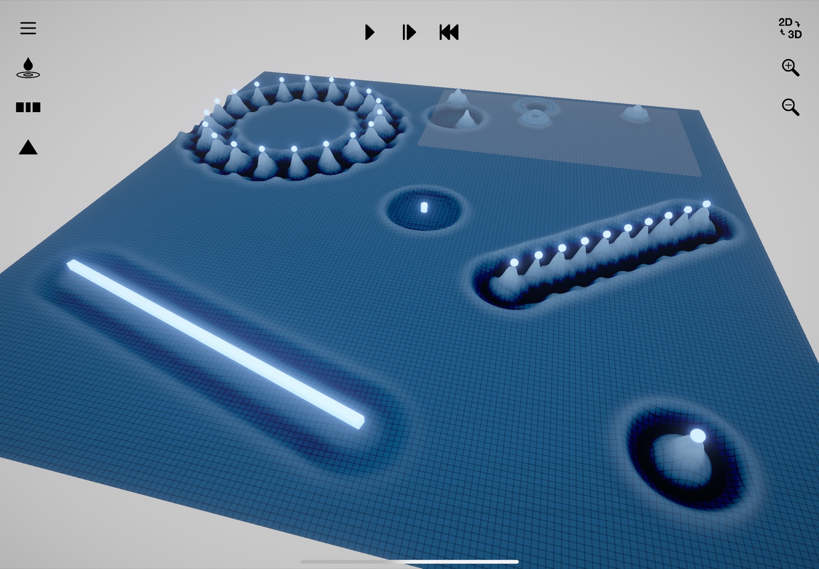 Huygens3D – verschiedene Erregertypen: Punktquellen, Linienerreger und Quellenreihe (3D-Ansicht)